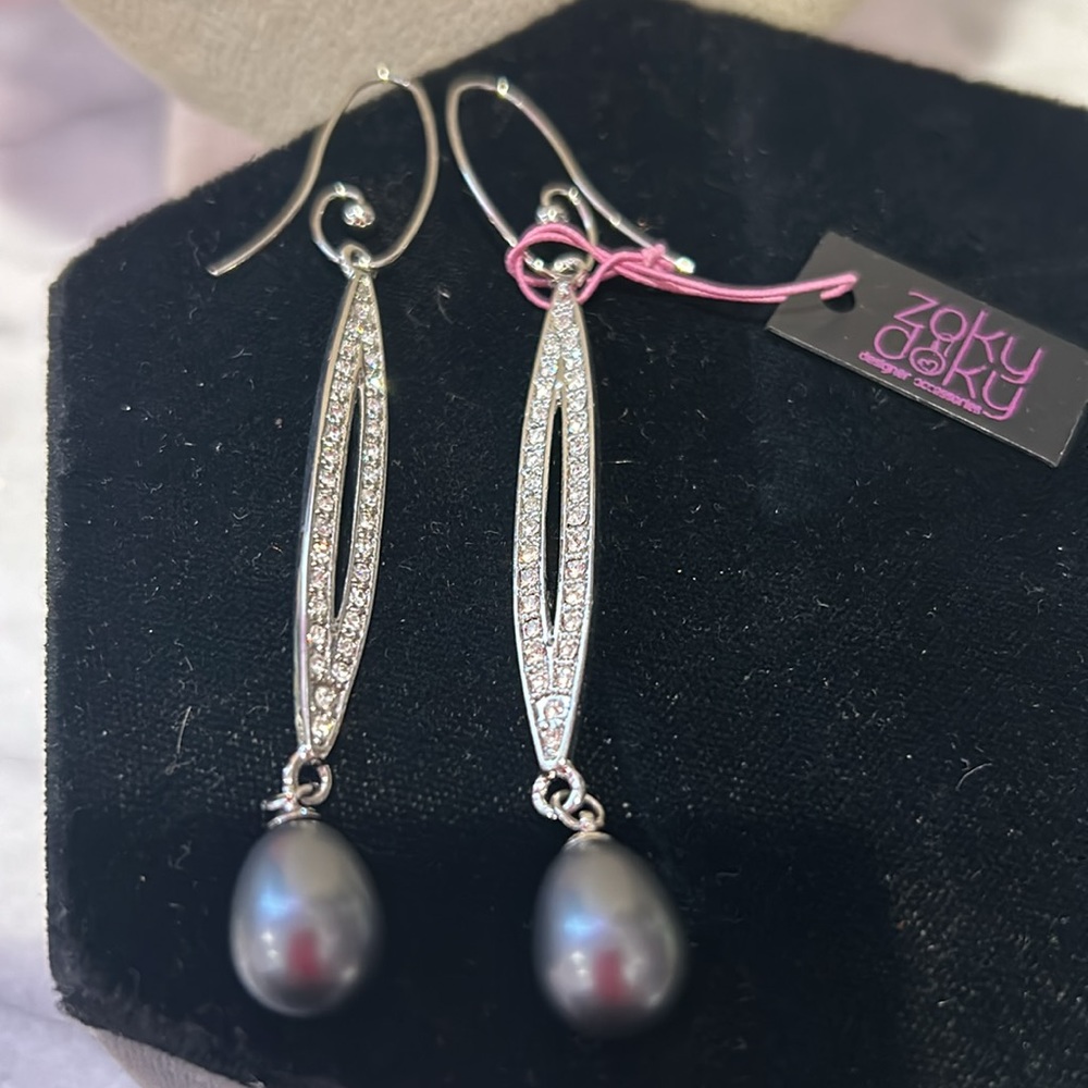 Elongated Gray Pearl Drop & Crystal Earrings-Boutique